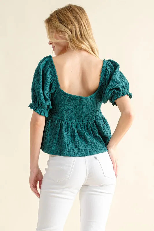 And The Why Lovely Textured and Smocked Top in Green