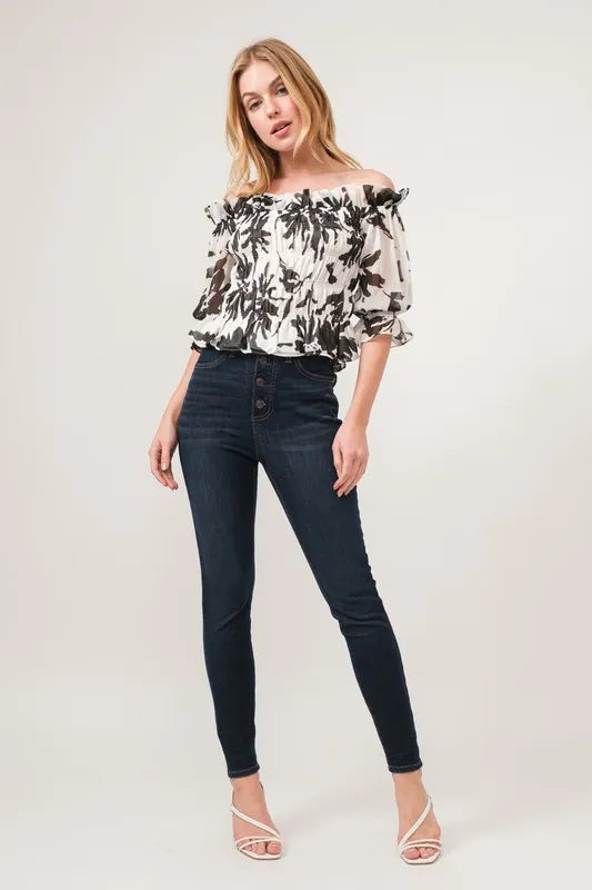 And The Why Smocked Off-Shoulder Floral Printed Top