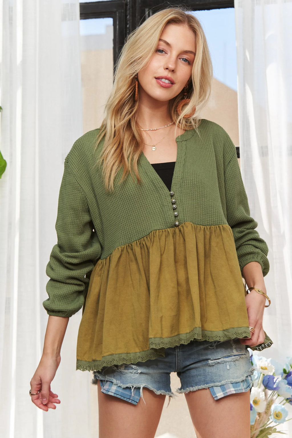 ADORA Mineral Washed Babydoll Tunic Top