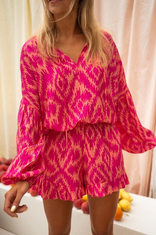 Aztec Geometric Print Top and Ruffled Shorts Set