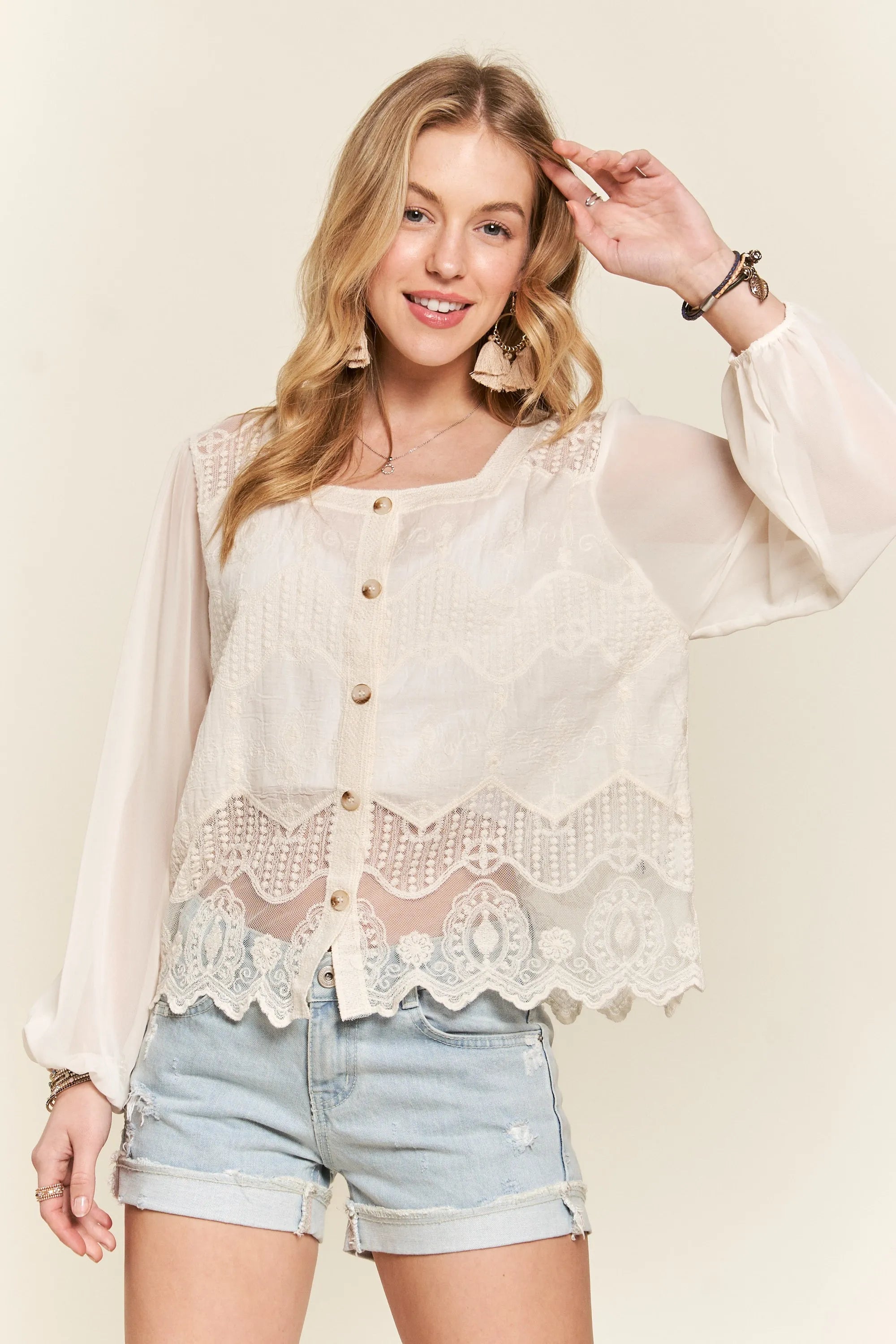 ADORA Button Down Embroidered Blouse