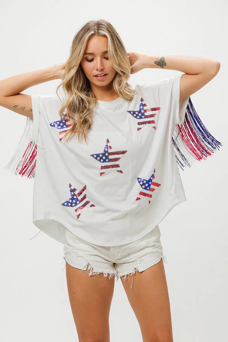 American Flag Sequin Star Fringe Top
