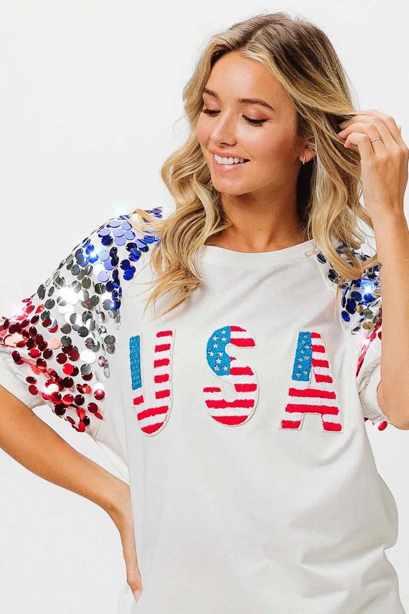 American Flag Theme Sequin Top