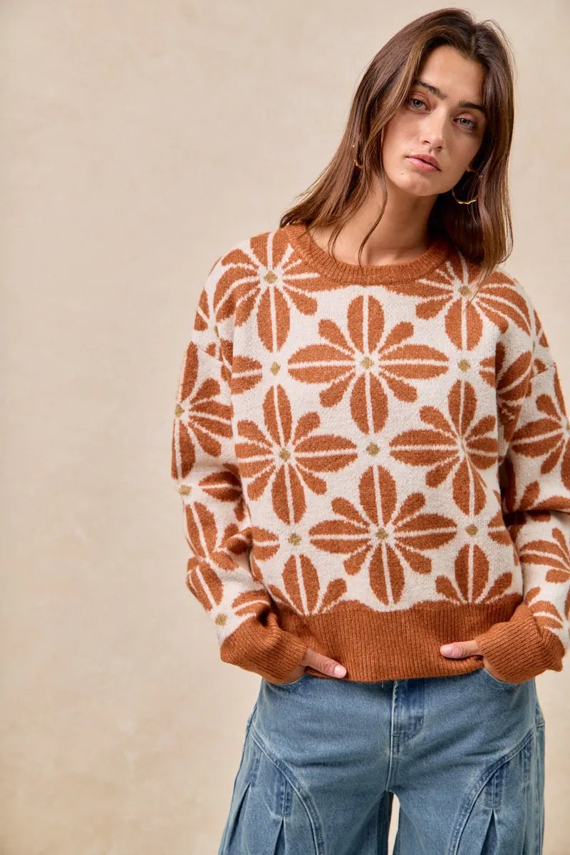 BiBi Flower Pattern Long Sleeve Sweater