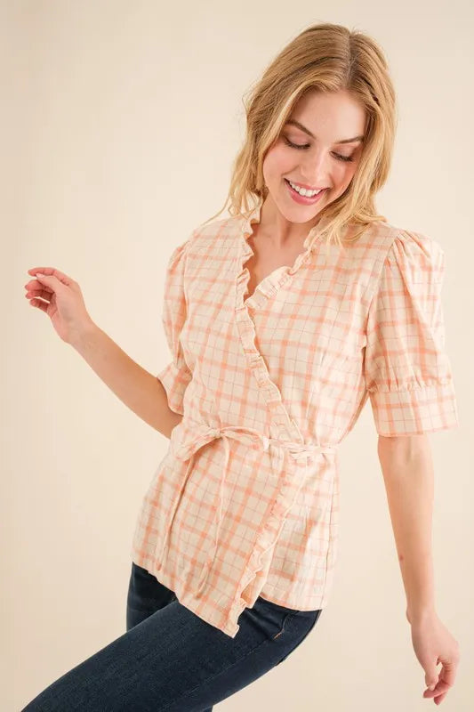 And The Why Plaid Patterned and Ruffled Wrap Blouse Top