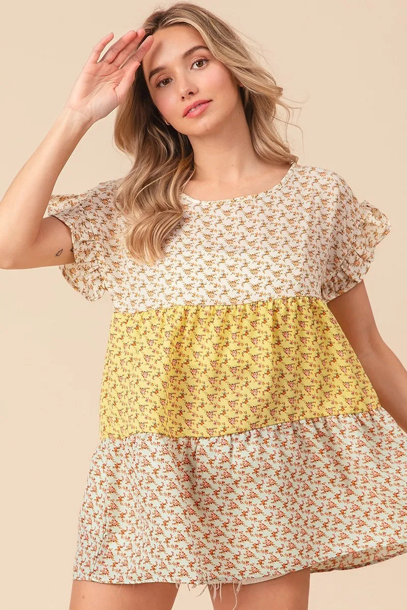 BiBi Flroal Printed Woven Color Block and Tiered Top in Yellow