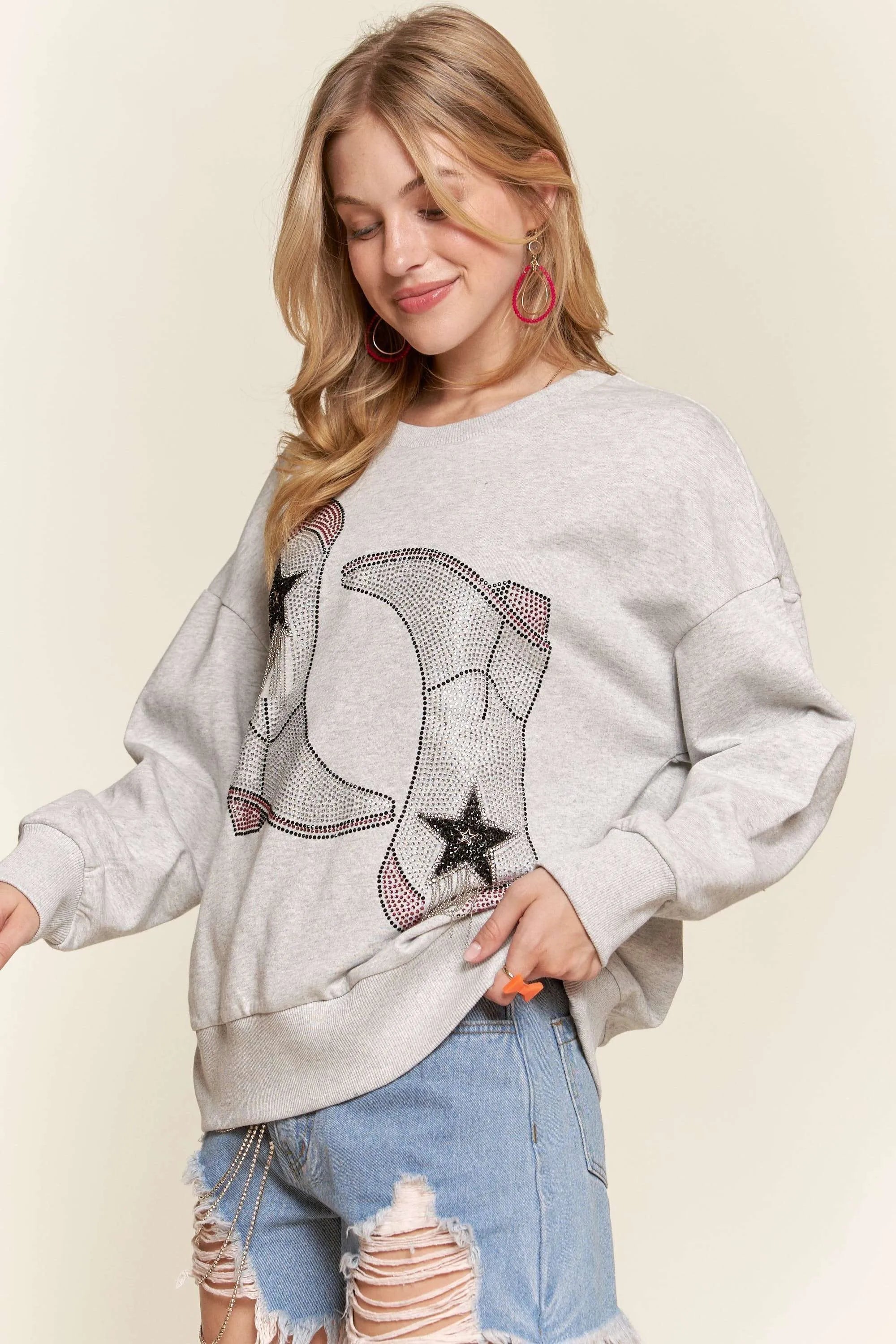 ADORA Rhinestone Accent Casual Sweatshirt
