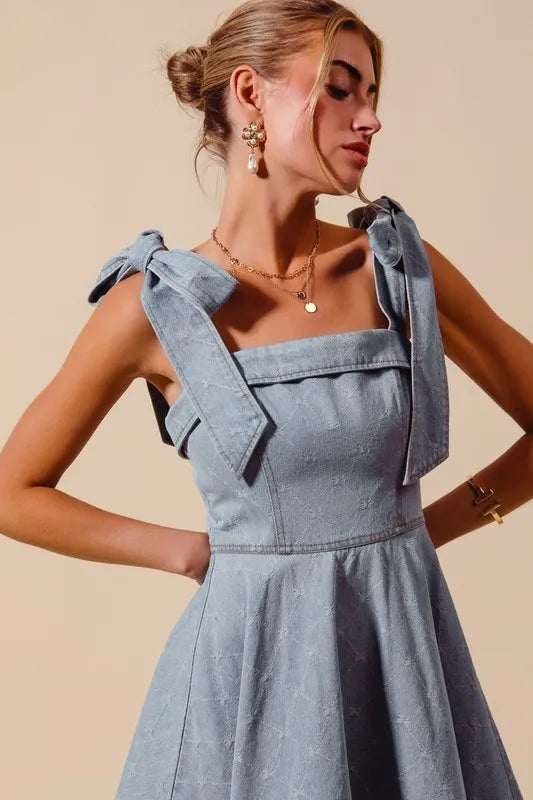 A Line Fit and Flare Diamond Bow Ribbon Denim Dres