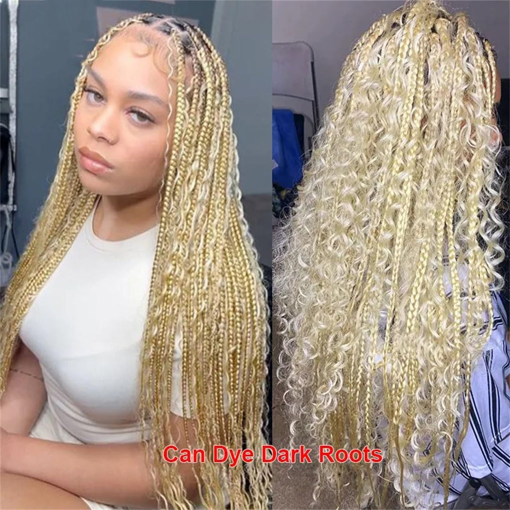 613 Blonde Boho Box Braids Wig | Curly Ends | Full Lace Front | Knotless Goddess Locs | Synthetic Braids