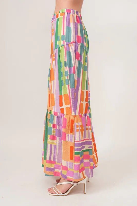 And The Why Asymmetric Geo Printed Tiered Maxi Skirt