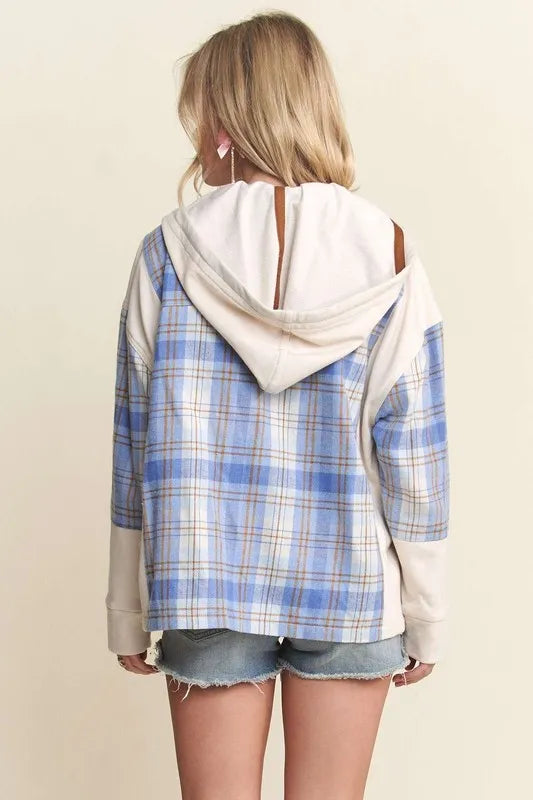 ADORA Button Down Plaid Hoodie Shacket