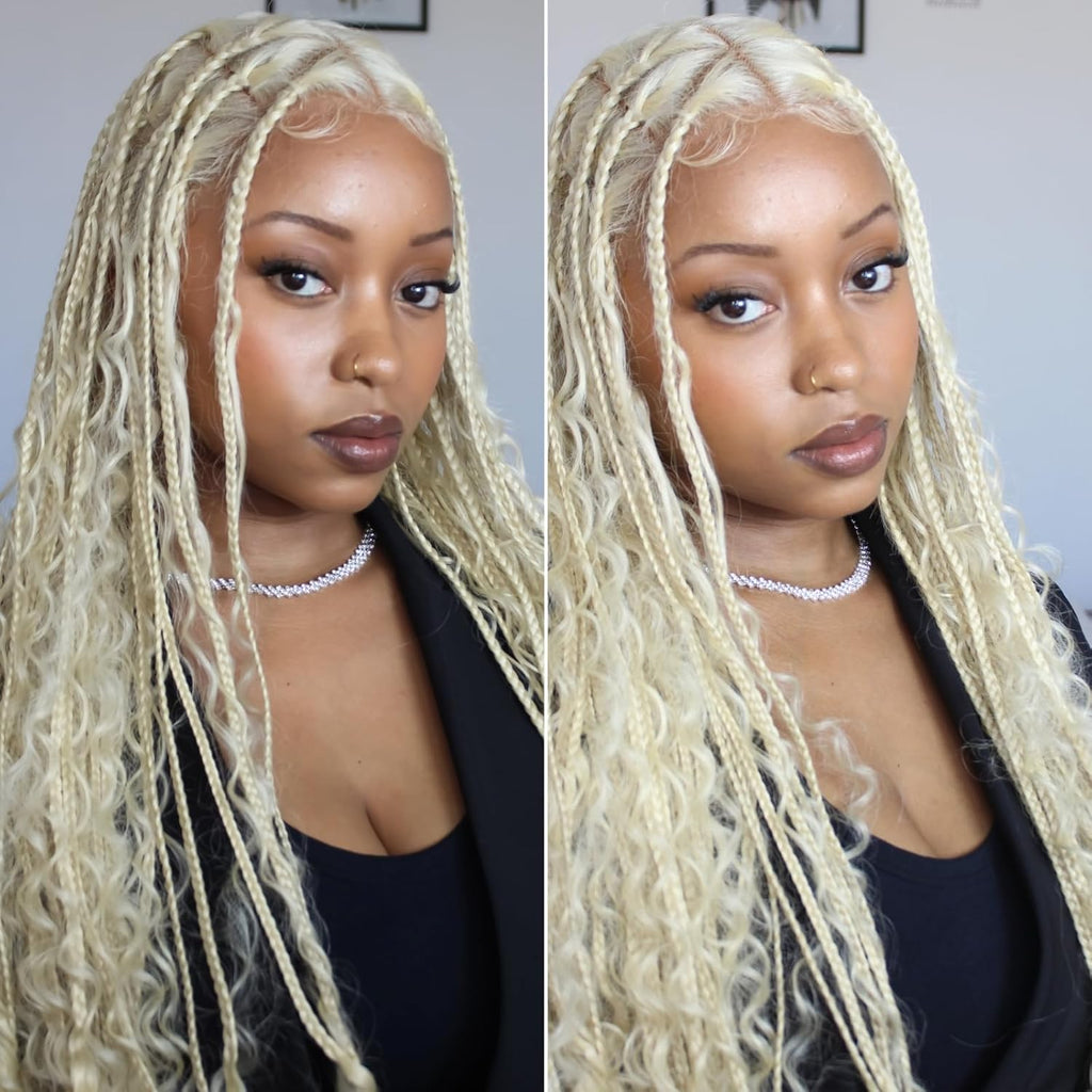 613 Blonde Boho Box Braids Wig | Curly Ends | Full Lace Front | Knotless Goddess Locs | Synthetic Braids