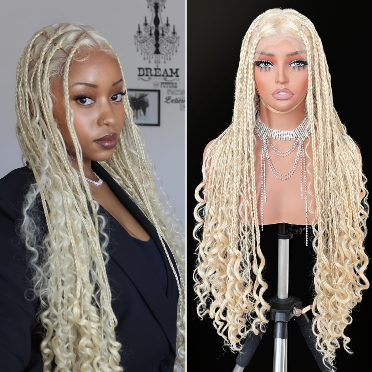613 Blonde Boho Box Braids Wig | Curly Ends | Full Lace Front | Knotless Goddess Locs | Synthetic Braids