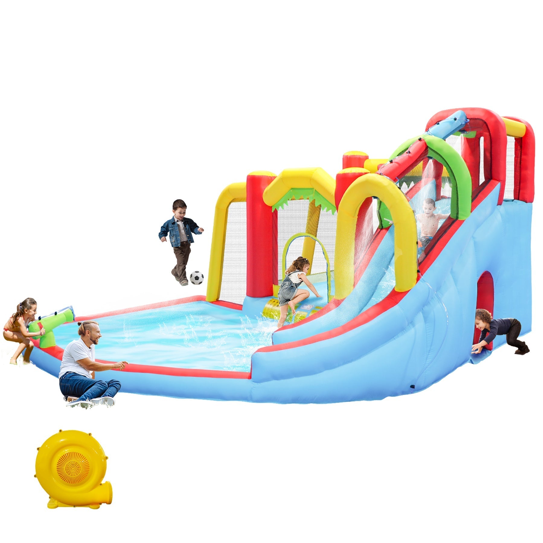 7 in1 Inflatable slide water park bouncing house outdoor Soccer garden bouncer with Splash pool  & Water gun & Climbing wall & Basketball & Football