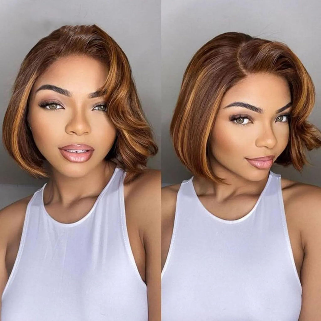 200 Density Blonde Highlight Short Bob Wig | 13x4 Lace Frontal Pixie Cut | Brazilian Remy Hair
