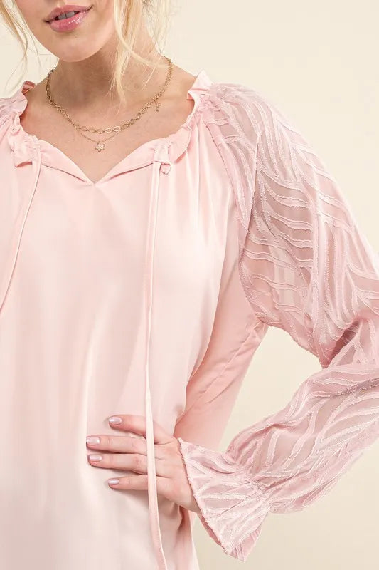 And The Why Leaves Shape Textured Sleeve Blouse