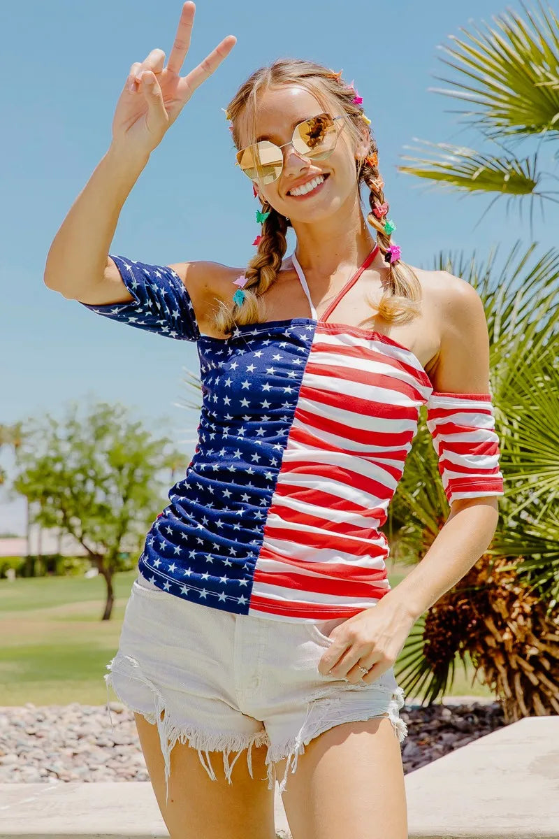 American Flag Off Shoulder With Front Ruched Top