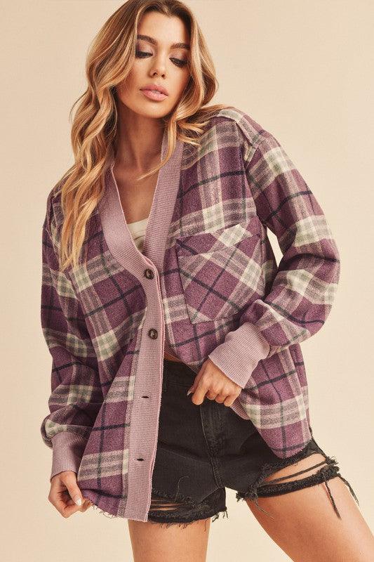 Aemi + Co Side Slit Patch Pocket Plaid Button Down Jacket