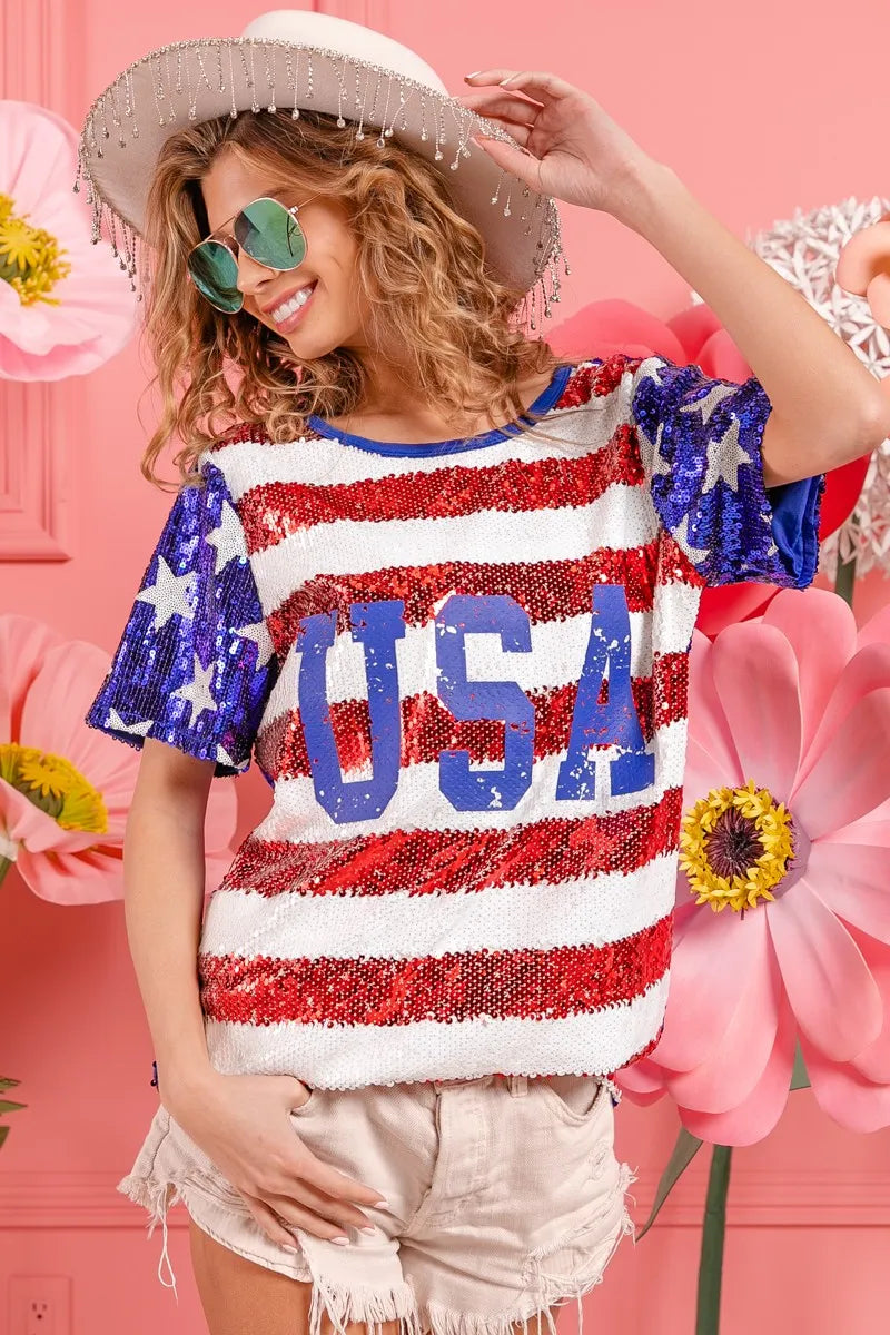 American Flag Theme USA Lettering Sequin Top