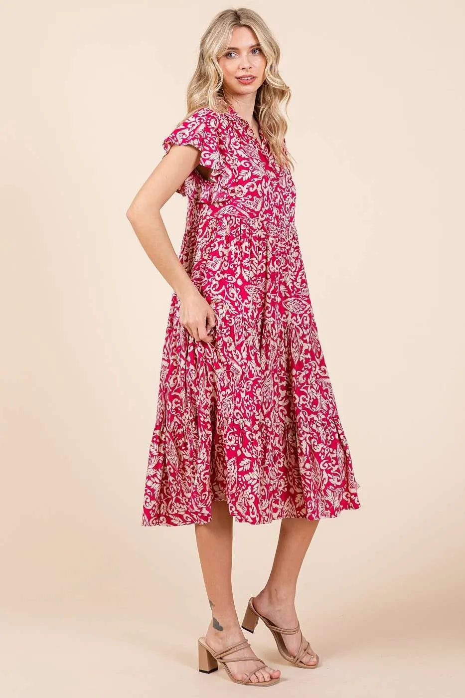 Abstract Print Ruffle Tier Midi Dress