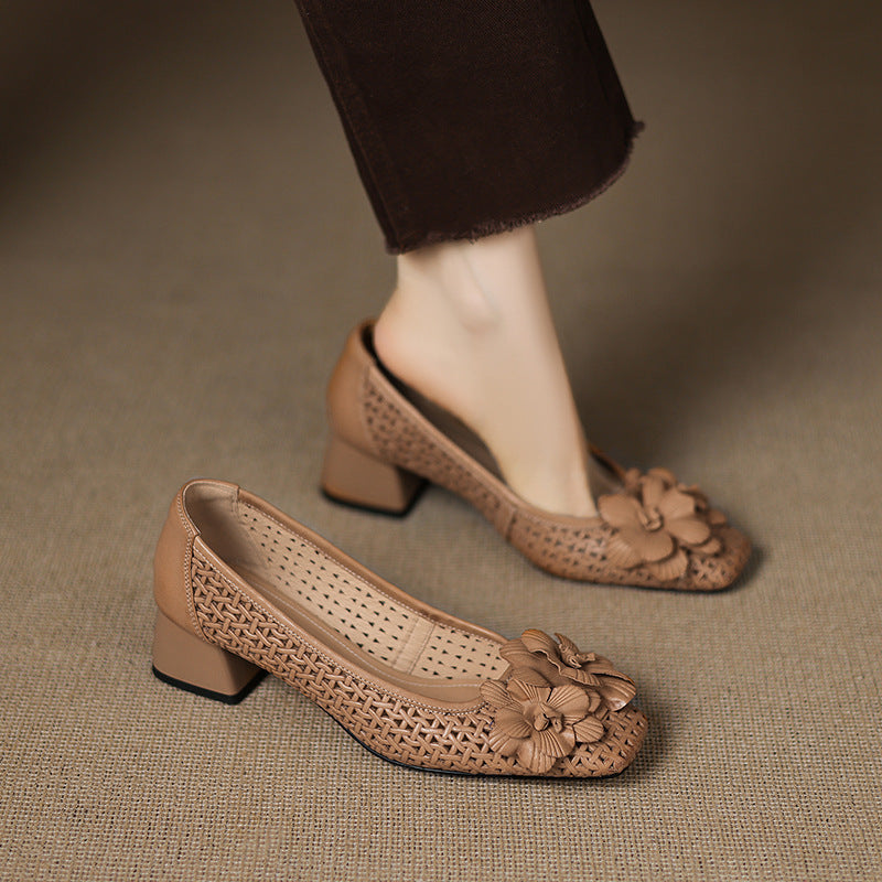 Authentic Leather Weave Cool Pumps Hollow Pumps Large Size Women's Shoes