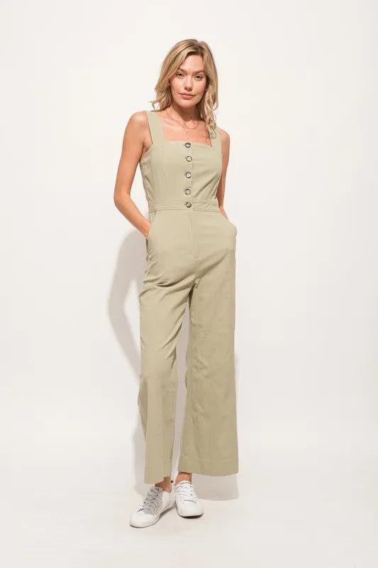 And The Why Square Neck Button Down Cropped Wide Leg Jumpsuit