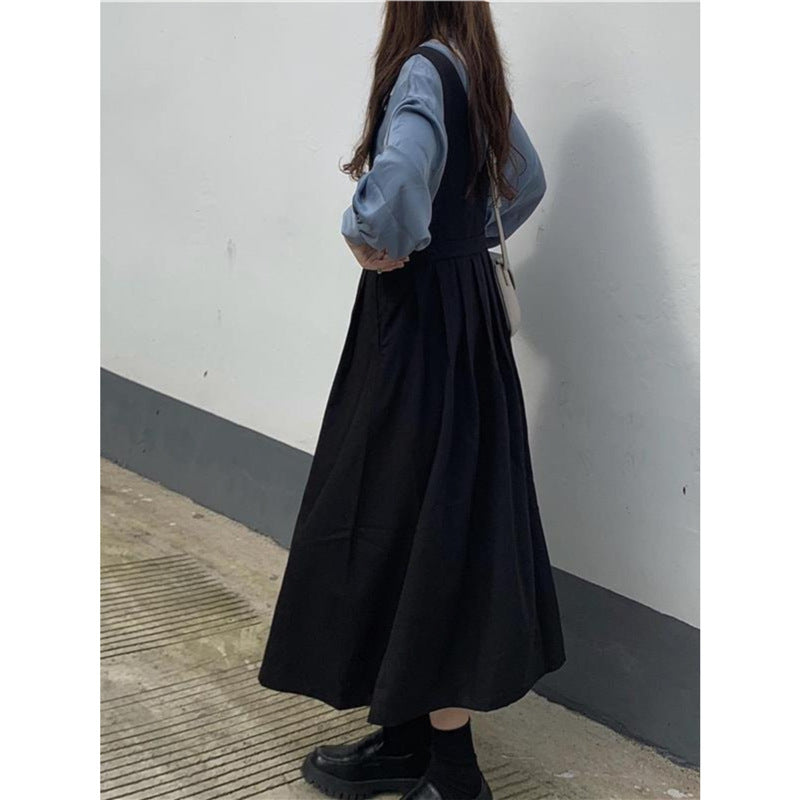 Autumn Suit Women's Shirt Extended Black Strap Dress