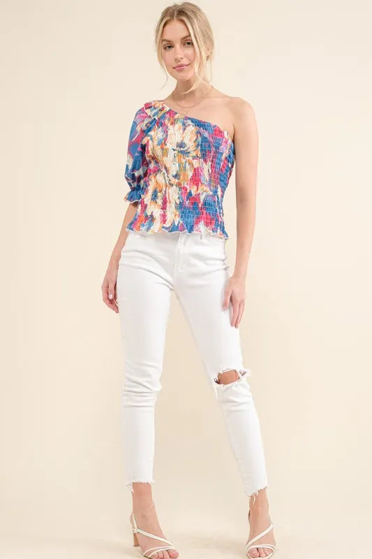 And The Why Allover Floral Print Smocked One Shoulder Blouse