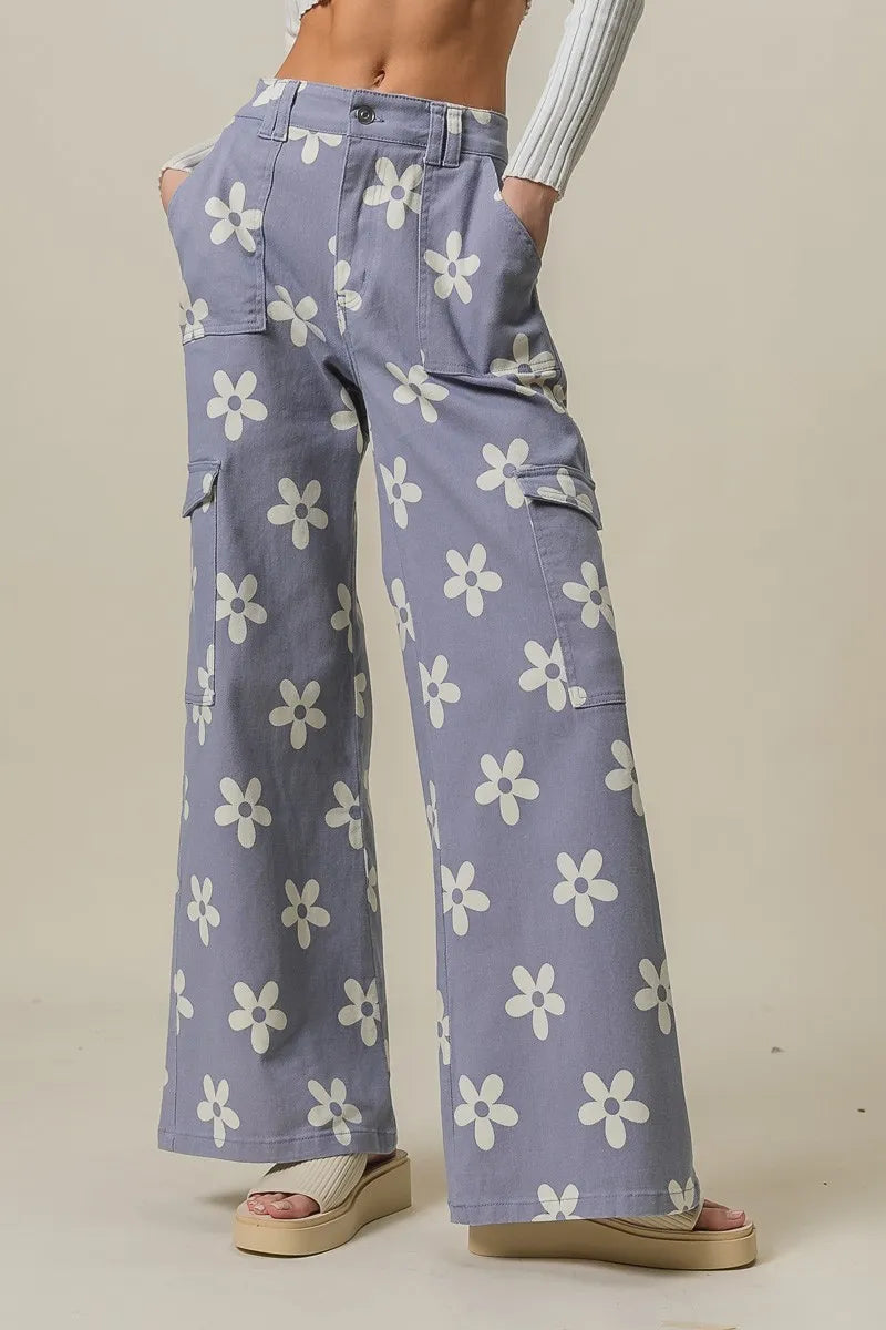 BiBi Flower Printed Side Pocket Wide Pants