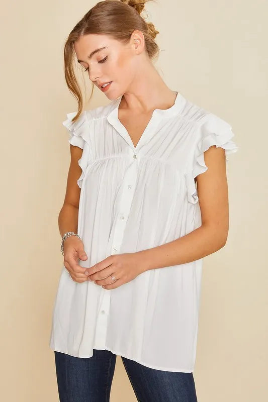 Annie Wear Ruffle Sleeve Shirred Flowy Woven Tunic Shirts