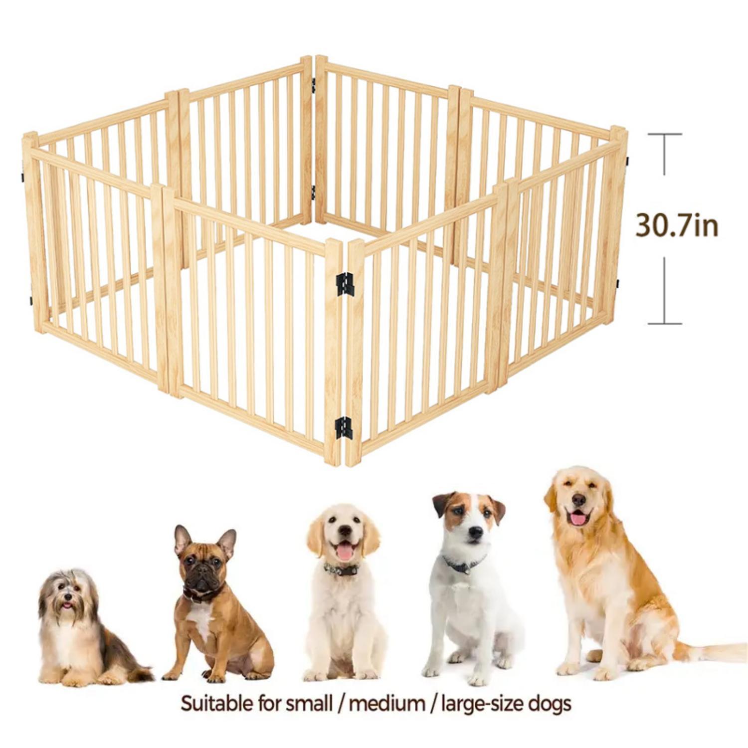 8-Panel Wooden Freestanding Dog Gate, Step Over Indoor Pet Fence for Doorways and Stairs
