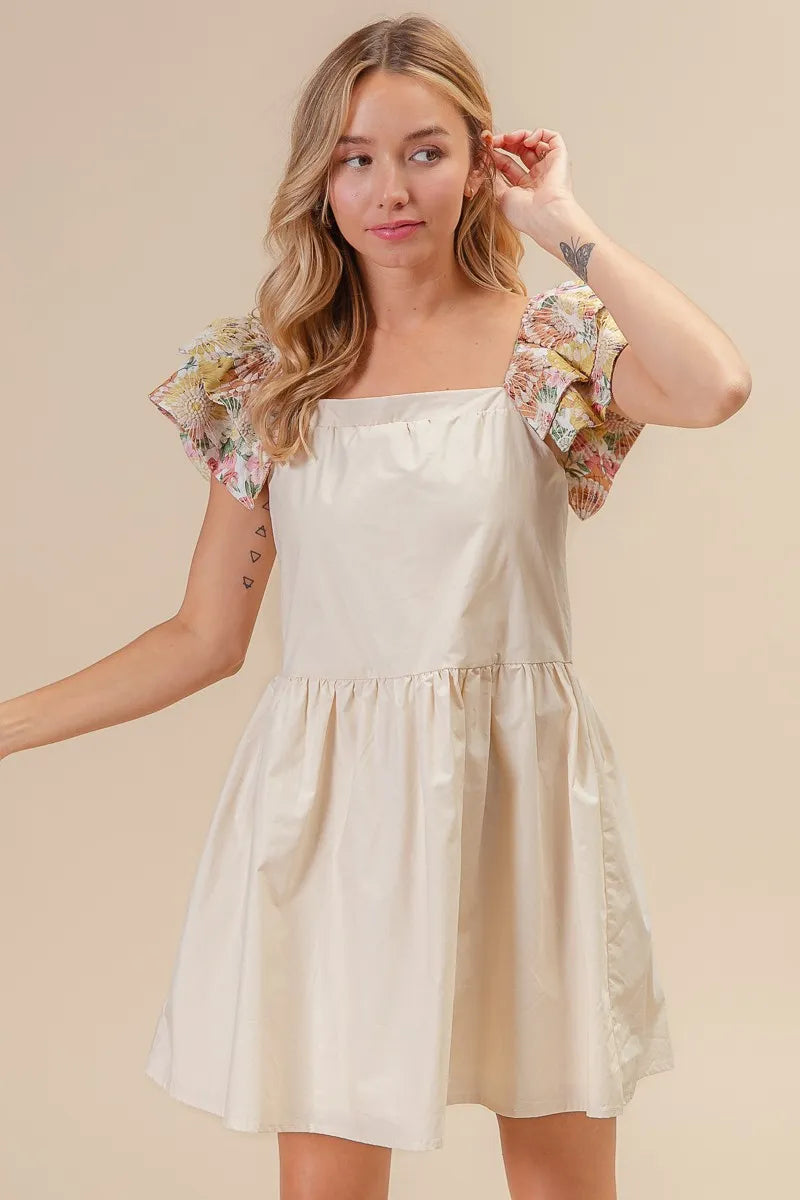 BiBi Flower Embroidered Floral Print Sleeve Dress