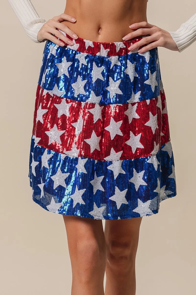 American Flag Theme Star Sequin Tiered Skirt