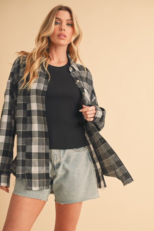 Aemi + Co Frayed Hem Plaid Button Up Flannel Shirt