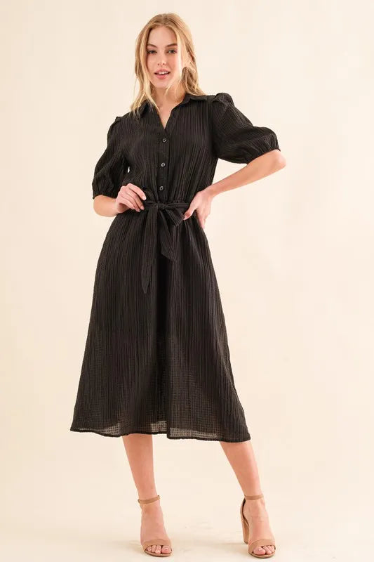 And The Why Waffle Textured Ribbon Waist Midi Dress
