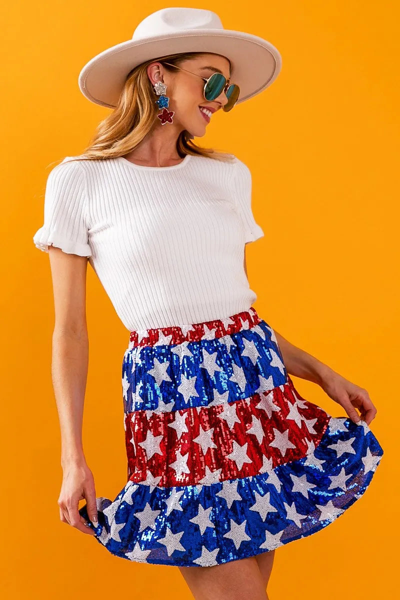 American Flag Theme Star Sequin Tiered Skirt