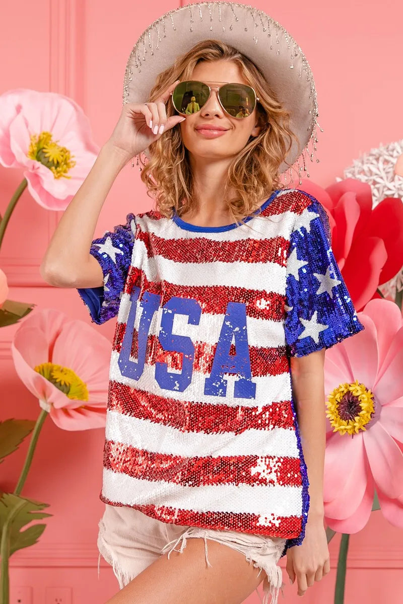 American Flag Theme USA Lettering Sequin Top