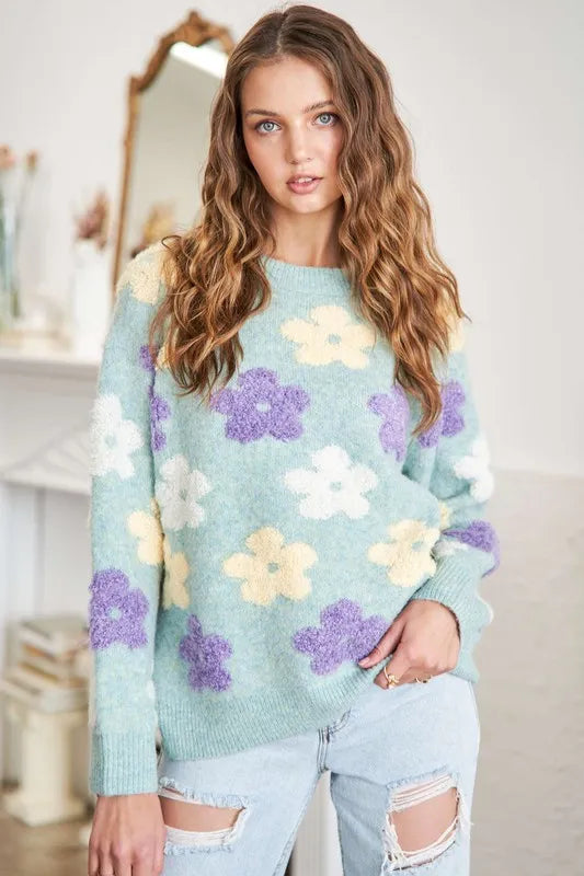 ADORA Full Size Floral Popped 2-Tone Sweater Top Plus Size in Sage