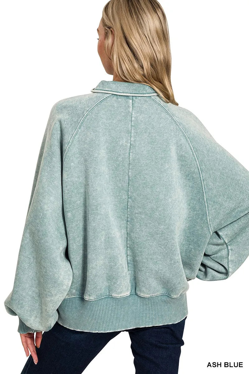 Acid Wash Fleece Collared Sweatshirt