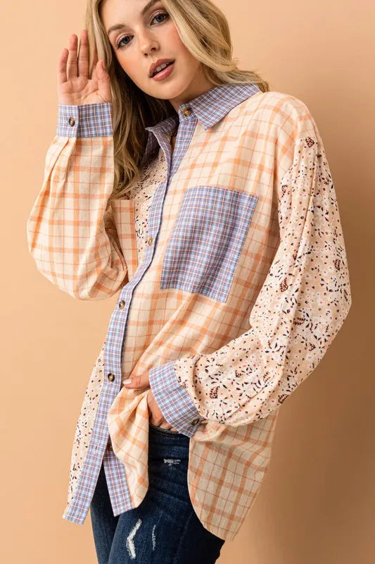 And The Why Floral and Plaid Color Block Shirts with Pocket