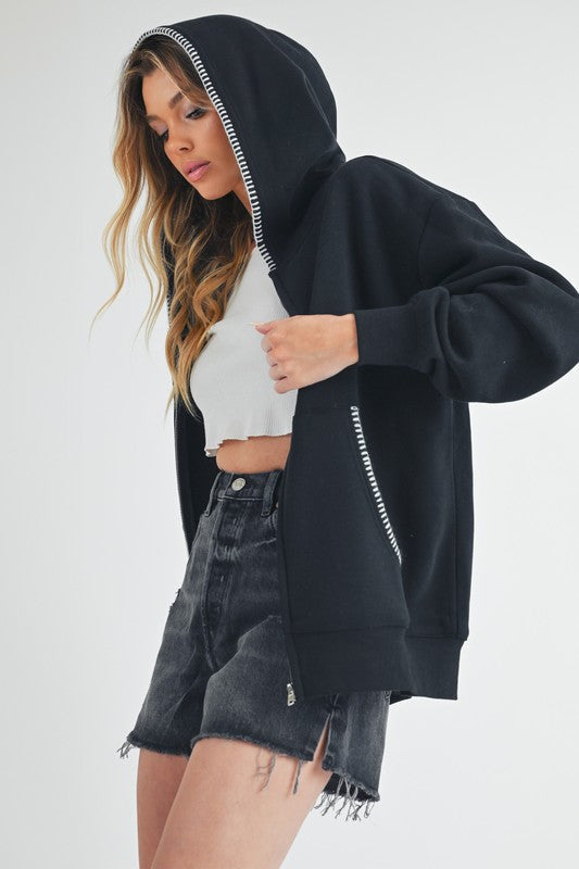 Aemi + Co Contrast Trim Zip Up Hoodie Jacket