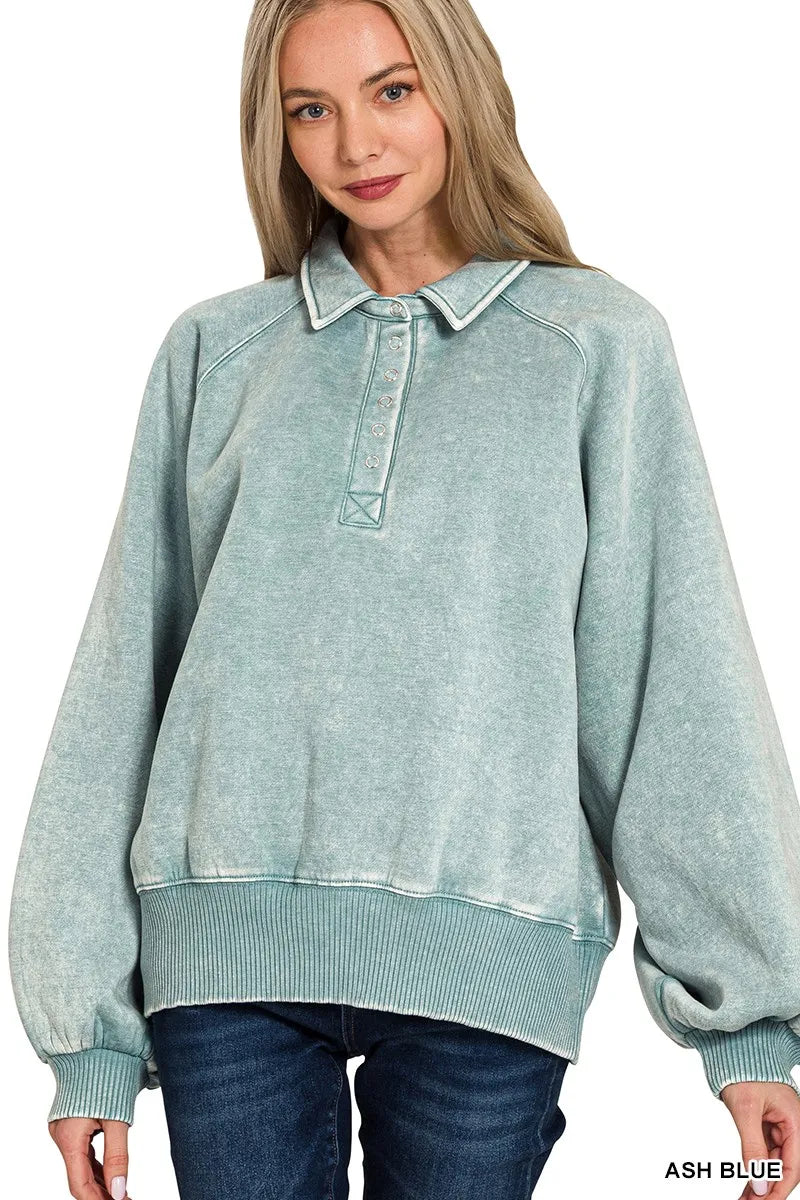 Acid Wash Fleece Collared Sweatshirt