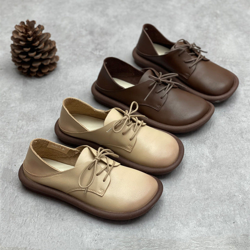 Authentic Leather British Style Retro Handmade Round Toe Lace-up Flat Shoes Shallow Mouth
