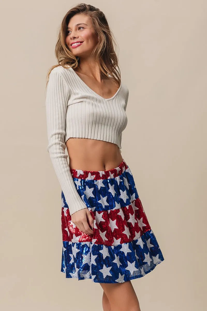American Flag Theme Star Sequin Tiered Skirt