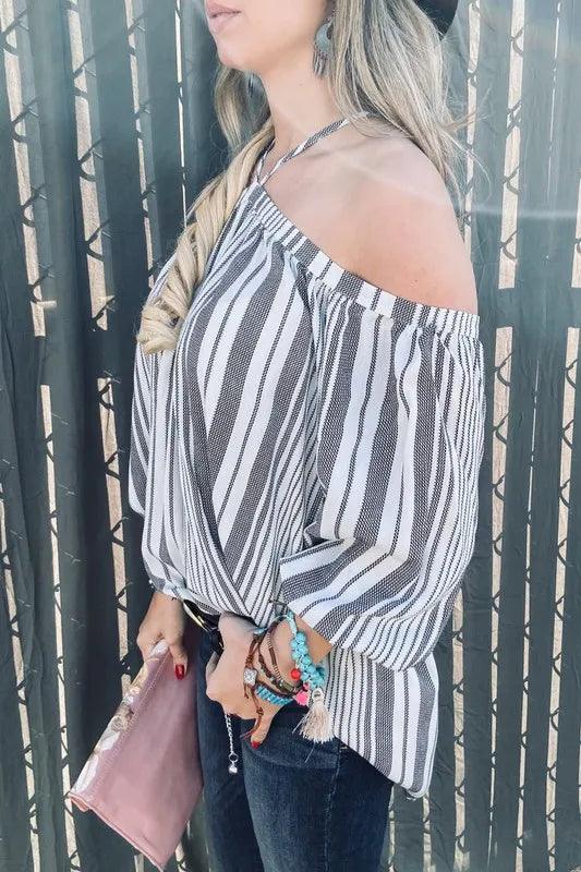 And The Why Stripe Printed Cold Shoulder Halter Neck Top