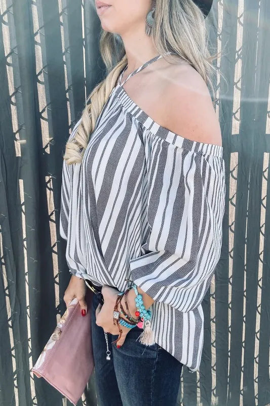 And The Why Stripe Printed Cold Shoulder Halter Neck Top