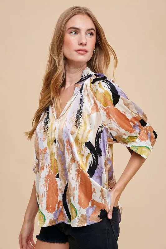 Annie Wear Multi Color Printed V-Neck Open Woven Blouse Top