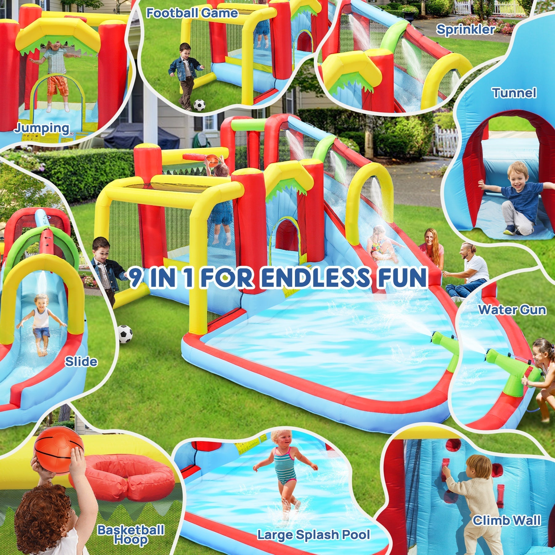 7 in1 Inflatable slide water park bouncing house outdoor Soccer garden bouncer with Splash pool  & Water gun & Climbing wall & Basketball & Football