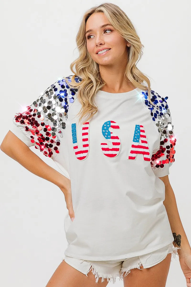 American Flag Theme Sequin Top