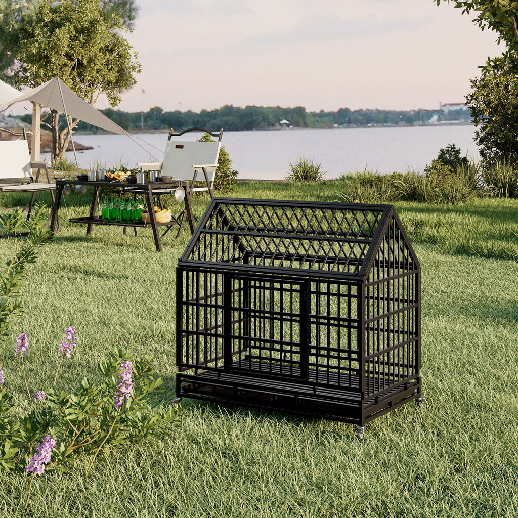 48 Inch Heavy Duty Dog Crate with Wheels, Folding Metal Big Dog Cage for Large and Medium Dogs, Cage with a pointed roof and Removable Tray.